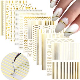 12 Sheets Gold Nail Stickers 3D Self Adhesive Gold Metal Nail Art Stickers Gold Line Nail Decals Gold French Nail Supplies Wave Nail Art for Women and Girls