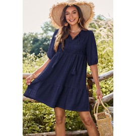 Dokotoo Summer Dresses for Women 2025 Casual V Neck Drawstring Embroidered Short Sleeve Bohemian Mini Babydoll Cute Dress A-Line Short Sun Dress Sundress Navy Blue Large