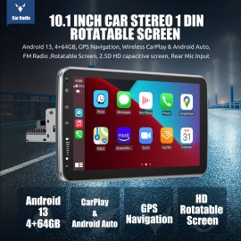 ESSGOO 4G+64G Single 1 DIN Rotatable 10.1 Android 13 CarPlay Car Stereo Radio GPS NAV