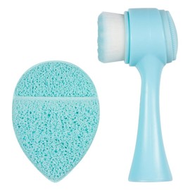 CALA - set de limpieza facial, cepillo ecológico 2 en 1 + esponja exfoliante (2 piezas, color azul)