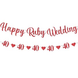 40th Happy Ruby Wedding Banner - Set of 2 Glitter Ruby Wedding Anniversary Decorations, Happy Anniversary Banner, 40th Anniversary with Red Heart Bunting for Party Decorations