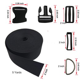 Vtete 2 Inch 5 Yards Black Nylon Heavy Webbing Strap + 5 PCS 2" Flat Side Release Buckles, D Rings and Tri-Glide Slides - Plastic Buckles Kit for DIY Pet Collar, Luggage Straps and Backpack Repairin