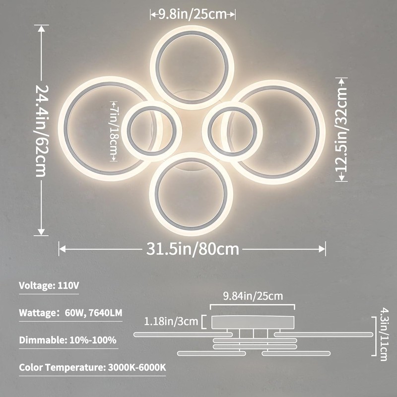 Shine LUEST 60W Modern LED Ceiling Light Fixture, Dimmable LED