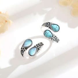 Vito 925 Sterling Silver Sunflower Spoon Ring for Women, Adjustable Turquoise Open Rings Vintage Boho Thumb Oxidized Wrap Rings Antique Floral Jewelry Gifts for Mom