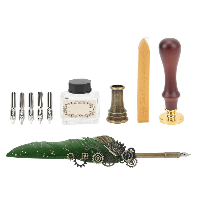 Retro Feather Pen Set Vintage Map Pattern Quill Pen Set