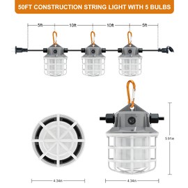NS 50FT Construction String Lights 75W 7500LM LED String Work Lights Industrial Grade Best for Construction Sites, Renovation, Mine cave,Patio,Walkways and Other Outdoor Lighting