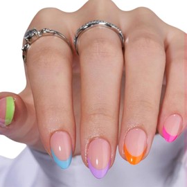 Rainbow Fake Nails Short Almond Press on Nails Colorful French Tip Press on Nails Natural Nude Full Cover Glue on Nails Medium Acrylic Nails Reusable Stick On Nails False Nails Tip for Women 24 Pcs