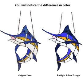 Bieye W10081 Blue Atlantic Marlin Sailfish Tiffany Style Stained Glass Window Panel Hangings, 14.75" Wx14 H
