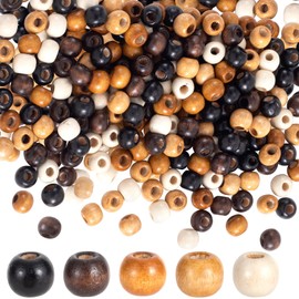 HINZIC 300pcs Wooden Beads, 9 x 10 mm Large Hole Macrame Bead, 5 Colors Natural Wood Hair Bead, Round Loose Spacer Beads for Making Handmade Craft Bracelet Necklace