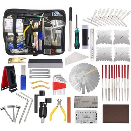 TUOREN 61Pieces Complete Guitar Repairing Tool Kit with Ruler Gauge Measuring Tool Hex Wrench Files Fingerboard Guard Grinding Stone Guitar Gift for Acoustic Electric Guitar & Bass Banjo