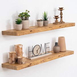 Acovy Floating Shelves, 8" Deep Rustic Solid Wood Wall Mounted Floating Shelves, Wall Shelves with Invisible Bracket for Living Room Bathroom Bedroom Kitchen, 32 Inch Set of 2, Natural