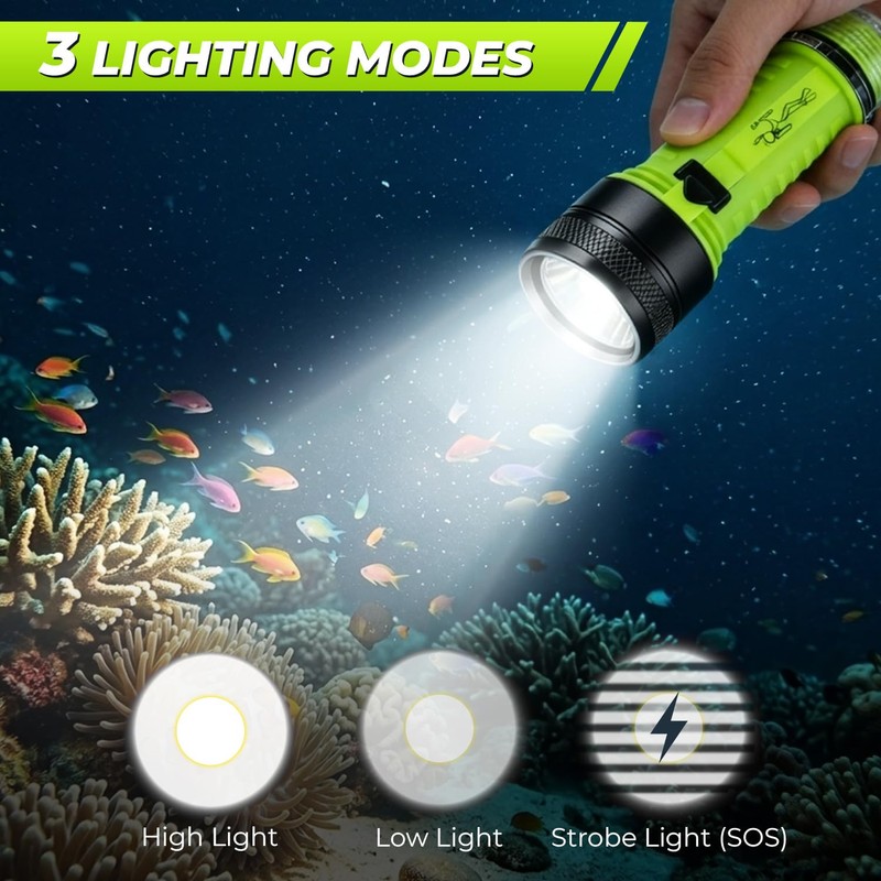 FISHOAKY Diving Flashlight Underwater LED Light, 1500 Lumen & 3