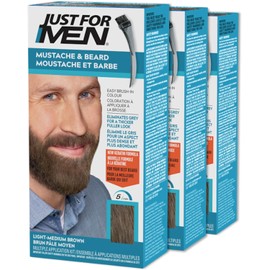 Just For Men Mustache & Beard, Beard Dye for Men with Brush Included for Easy Application, With Biotin Aloe and Coconut Oil for Healthy Facial Hair, Light-Medium Brown, M-30 (3 Count), Packaging May Vary