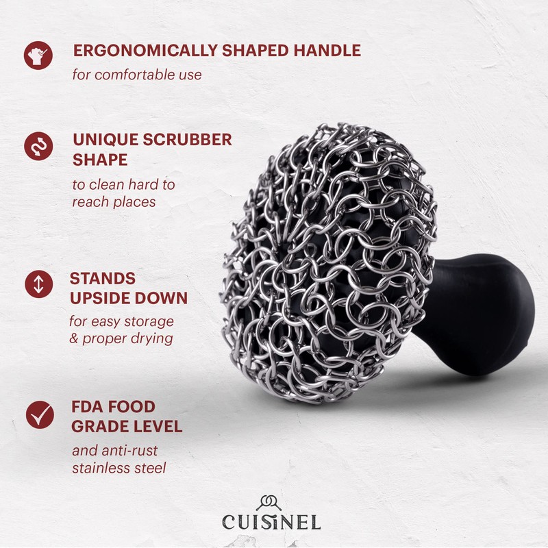 Cuisinel Cast Iron Chainmail Scrubber + Pan Scraper - Ergonomic