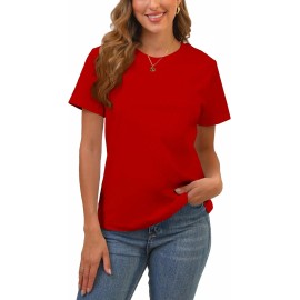 Women's Cute Cotton Crew Neck Short Sleeve Summer T-Shirts Solid Loose Fit Workout TopsColor: 0-red, Size: Small