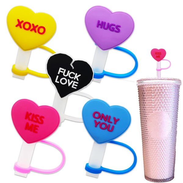 5Pcs Colorful Hearts Straw Covers Cap Toppers, Reusable Valentine's Drinking