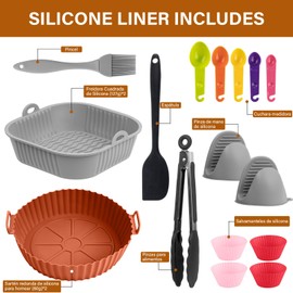GALASALA Silicona para Freidora de Aire, 14Pcs Moldes para Freidora de Aire, que Incluye 4Pcs Air Fryer Silicon y Guantes, Pinzas, Brocha de Aceite, Accesorios Air Fryer Reutilizable Antiadherente