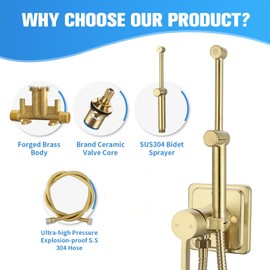 KWOCI Brushed Gold Handheld Warm Water Bidet Sprayer Set Mounted on the Wall, Concealed Hand Held Hot and Cold Bidet Sprayer with Mixing Valve for Toilet