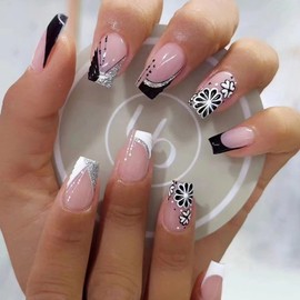 Flower French Tip Press on Nails Coffin Medium Long Fake Nails White Black Floral False Nails Designs Spring Summer Glue on Nails Nude Pink Stick on Nails Artificial Nails for Women Girls Manicure