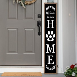 LuZhiQiang Front Porch for Welcome To Our Home Standing Sign 45"X9" Vertical Tall Long Leaner Paw Print Outdoor Front Door Wood Framed Decor (Wood Black)