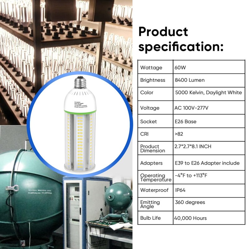 60W LED Corn Cob Bulb, 600W Equivalent, 5000K Daylight, E26/E39