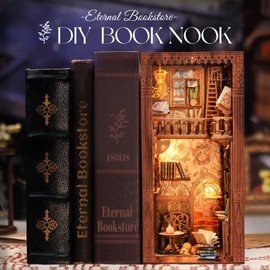 Fsolis DIY Book Nook Kit, Dollhouse Miniature House Kit with Wooden Furniture and LED Light, Bookcase Insert Kits, House of Library (Eternal Bookstore)