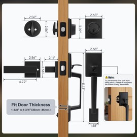 Gaurqiah Front Door Handleset – Zinc Alloy Entry Door Lock Set with Reversible Lever, Adjustable 60/70mm Latch, Fits 1-3/8" to 1-3/4" Doors, Matte Black Exterior Handle Set, Easy DIY Installation