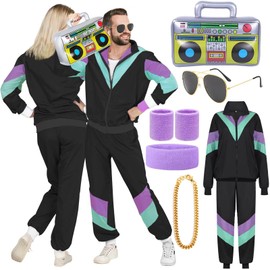 90s 80s Fancy Dress Men Women with Accessories 80s Shell Suit 80s 90s Fancy Dress Costumes for Men Couples Stag Do Outfit Disco 80s Dress up Costume Hip Hop Retro Tracksuit Adult Jacket Trouser (S)