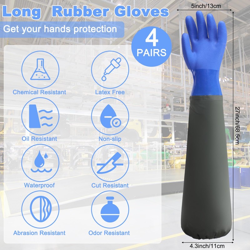Shellwei 4 Pairs Chemical Resistant Rubber Gloves 27" Heavy Duty