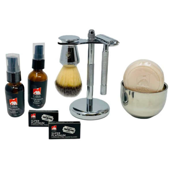 G.B.S Shaving Set Long Handle MK 23 Made In Germany Safety Razor, Sandalwood Badger Brush Stand and Safety Razor, Stainless Bowl 3 Pack, Natural Soap
