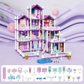 16 Rooms Huge Dollhouse, Purple Pretend Play Toy House Set with Light & Furniture, Kids Playhouse,Valentine's Day - Color: 13rooms