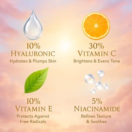 Glow-Boosting Anti-Aging Serum – 30% Vitamin C, 10% Hyaluronic Acid, 10% Vitamin E, 5% Niacinamide | Pore Refining & Collagen Support | Sky Bliss 4-in-1 Facial Serum