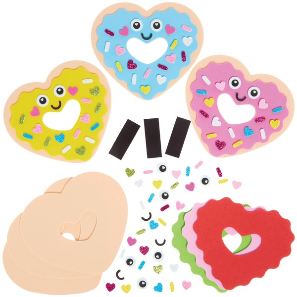 Baker Ross FX122 Love Heart Doughnut Magnet Kits - Pack of 8, Valentine's Day Foam Craft Kit for Kids