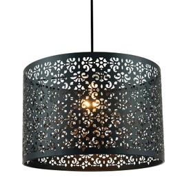 Unique Marrakech Designed Matte Black Metal Circular Pendant Light Shade with Floral Decor | 30cm Diameter | Maximum 11watt LED Allowed by Happy Homewares
