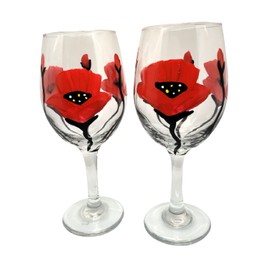 2 Red Poppy Flowers Hand Painted Wine Glasses