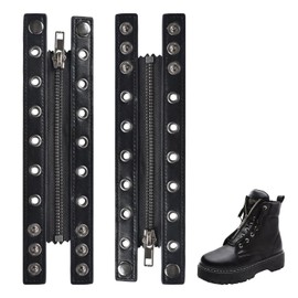 2Pcs Leather Lace-in Boot Zipper Inserts, 8.6 x 2.2 Inch Black Tieless Shoe Laces Eyelets Zipper Boot Laces 6 Holes No Tie Shoe Laces for Men Women Sneakers Laces Repair DIY