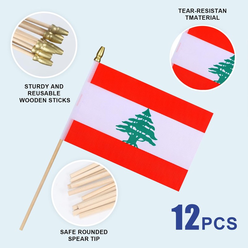 HSQCEZ 12Pcs Small Lebanon Flags on Wooden Stick Mini Lebanese