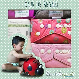 Caja De Regalo 2 Pañales de Tela Ecológicos de Bambú para Niña, Unitalla, Reusables, con Protectores Absorbentes, Toallas y Bolsa Antiolores, BambuOrganik
