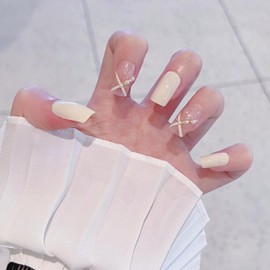 CATKIN 24PCS Short False Nails with Glue Stickers, Press on Nails no Glue for Women Girls Medium Square Decoration Fake Nails