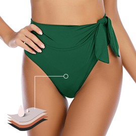 JFAN Women's High Waisted Bikini Bottoms Ruched Tummy Control Swimsuits Adjustable Low-Rise Swim Shorts，Dark Green，S