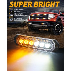 HLauto 406T Emergency Strobe Grille Lights: 4Pcs 6 LED Sync Feature Safety Warning Flashing Light, 12V-24V Ultra Slim Surface Mount Hazard Caution Light for Truck, Vehicle, Car, ATV, UTV (Amber White)