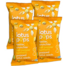 Lotus Pops - Popped Lotus (Water Lily) Seed Snacks – Low Calorie Gluten Free and Vegan Snacks | Plant Protein | Roasted Not-Fried | Paleo | GrainFree | NonGMO Certified | (Pepper Turmeric 4 1oz Packs)