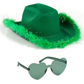 Funcredible Green Cowboy Hat and Glasses – Fluffy Cowgirl Hat with Star and Feathers for Festivals & Concerts – Cowgirl Costume Accessories for Women and Men