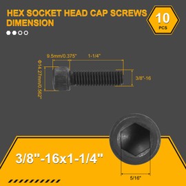 DTGN 3/8"-16x1-1/4" Socket Head Cap Screws Bolts - 10Pack - Good for Road Bicycle, Mountain Bike, Auto, Motorcycle - Carbon Steel Hex Head Metric Screws, Black