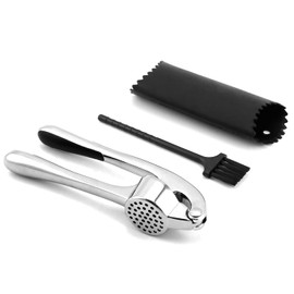 QWORK 2 Set of Stainless Steel Garlic Press Tool with Ergonomic Soft Handle, Silicone Peeler, and Cleaning Brush – Multi-Purpose, 3 Piece Garlic Mincer Tool, Clean Garlic Crusher, Garlic Mincer