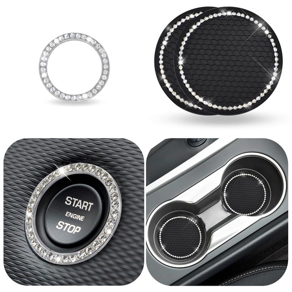 EcoNour Car Cup Coasters (2 Pack) | Car Push Start Button Bling (1 Pack) | Car Cup Holder Coaster | Crystal Rhinestone Car Interior Accessories | 2.75 Inch Universal Anti-Slip Coasters