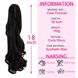 Long Short Claw Ponytail Hair Extension One Piece Cute Clip in on Ponytail Jaw/Claw Synthetic Straight Curly Hairpieces 18" Curly Natural Black