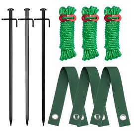 Kingsyard Heavy Duty Tree Stake Kit, 3 Pcs 12 Inch Steel Tree Stakes and Supports for Leaning Young Trees Straightening Kit Against Bad Weather, with 6Pcs Straps & 6Pcs 13ft Anchor Ropes