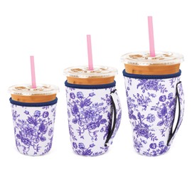 3 Pack Iced Coffee sleeve Insulated Neoprene Cup Sleeves with handle For Cold Drinks Beverages, Reusable Cup Holder for 16oz-32oz Coffee Cups (Floral Porcelain)