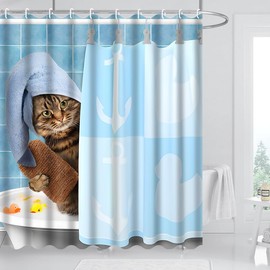 JTOOYS Shower Curtain Cat 180 x 180 cm Waterproof Anti-Mould Shower Curtains with 12 Shower Curtain Hooks Blue Funny Cat Bath Shower Child Washable Polyester Textile Shower Blind for Bathtub